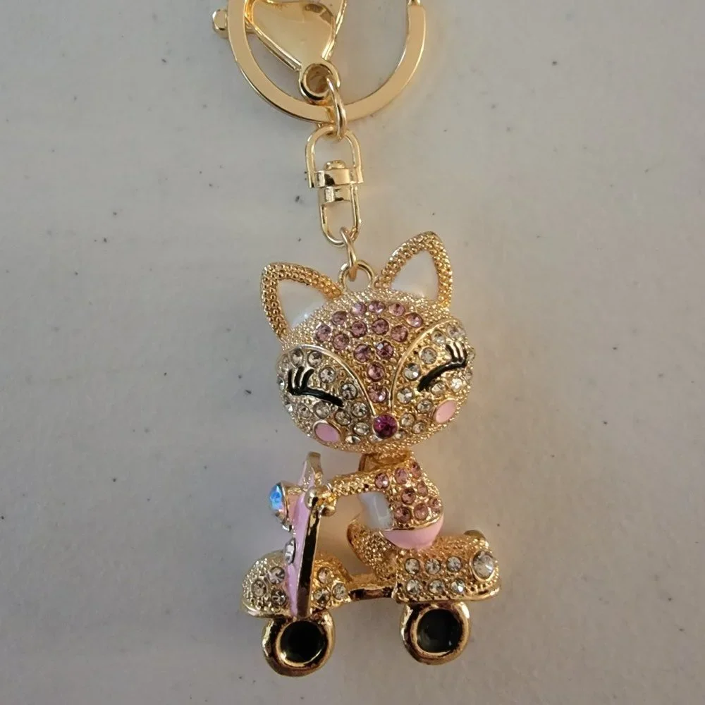 Rhinestone Cat Purse Charm Keychain Pink Crystal Kitty Scooter Handbag Charm - Picture 3 of 6